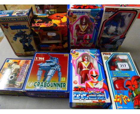 Nine mixed Asian import boxed figures to include; Dunbine Bystone - Well Story No.1054 & 1048, Fiveman Red Power Ranger type 