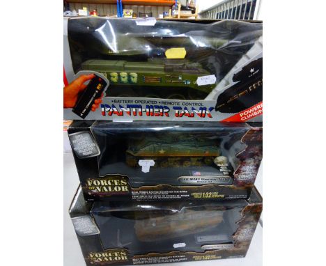 Two boxed Forces of Valor Combat Proven Machines 1:32 to include German King Tiger and US M4A3 Sherman Tank plus a boxed r/c 