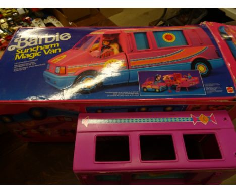 Boxed Mattel Barbie Suncharm Magic Van, appears near complete, play worn, with used sticker sheets and instructions, box tatt