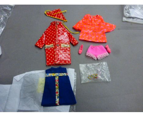 Three vintage doll outfits to include; PJ outfit for talking doll ref 1113 (1969-70), Francie Polkadots n Raindrops ref 1255 