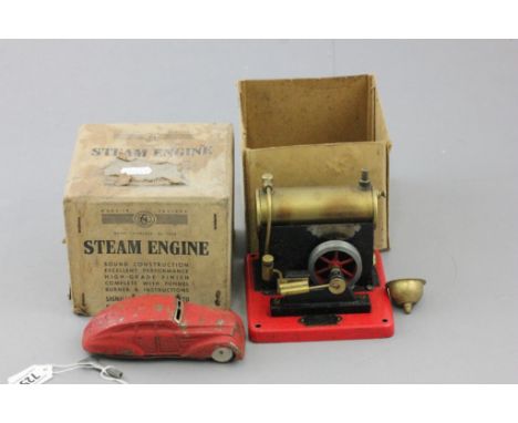 Boxed SEL Stationary Steam Engine plus a vintage metal clockwork car with key in red with play wear