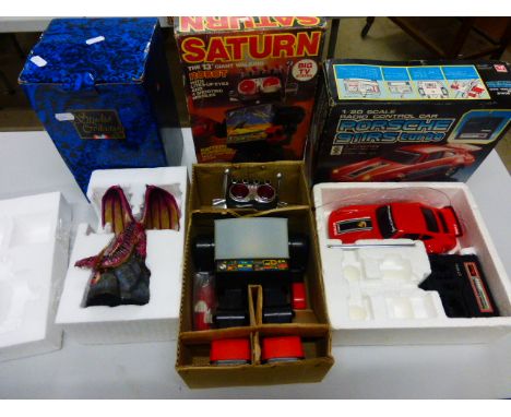 Boxed Saturn The 13" Giant Walking Robot battery powered plus boxed Atcomi 1/20 Radio Control Car Porsche 911RS Turbo and a c