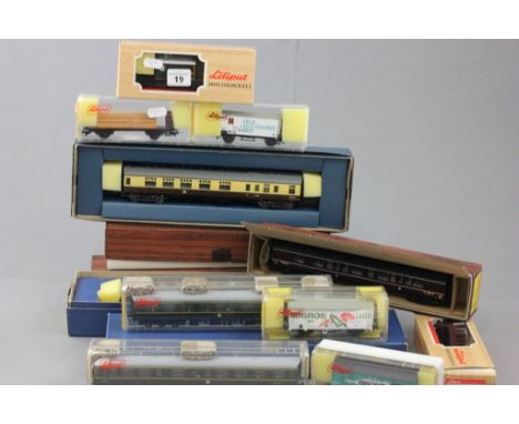 14 Boxed HO scale Liliput items of rolling stock to include coaches x 8 