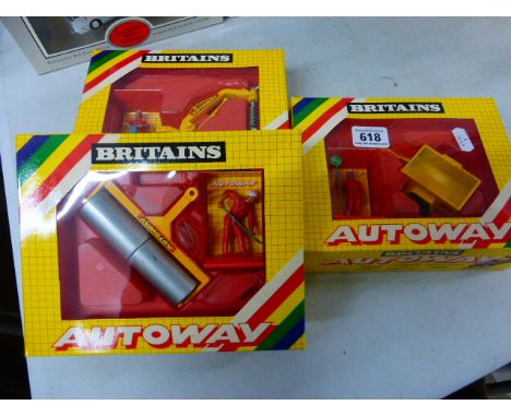 Three boxed Britains Autoway model sets to include; 9830 Mini Trailer, 9831 Heavy Roller, 9832 Post-Hole Digger