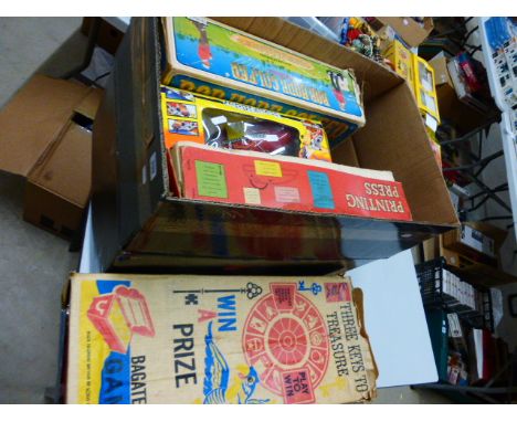 Various games including Chad Valley Printing Press (incomplete), Bob Hope r/c Golfer, Rock'em Sock'em Robots, Harley Davidson