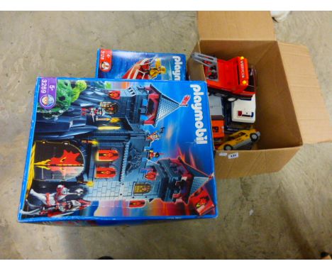 Two boxed Playmobil sets to include 3269 Castle and 3128 Fire Rescue Boat (unchecked) plus 4 x Playmobil vehicles featuring P