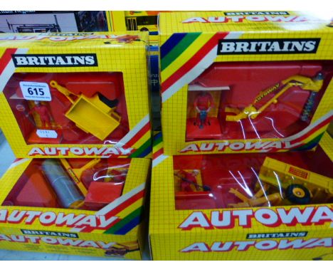 Four boxed Britains Autoway Model sets to include; 9830 Mini Trailer, 9831 Heavy Roller, 9832 Post-Hole Digger, 9835 Tipping 