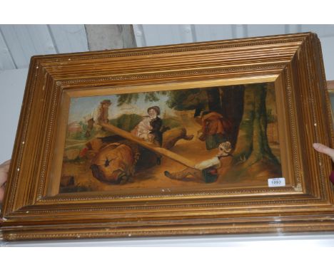 A 19th c. oil on board of Children playing on a See Saw 