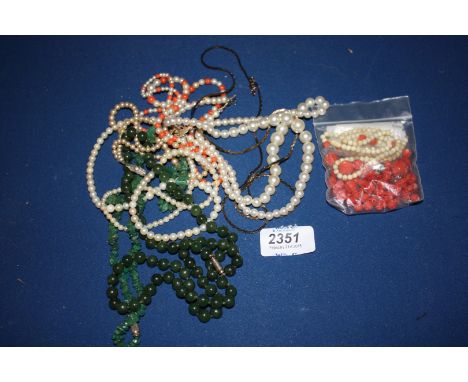 A quantity of Costume Jewellery including Jade Beads, Pearl and Coral Beads, paste Earrings, etc.