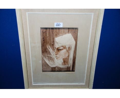 A mid century cubist Portrait of a lady and bird, indistinctly signed lower left, 7'' x 9 1/2''