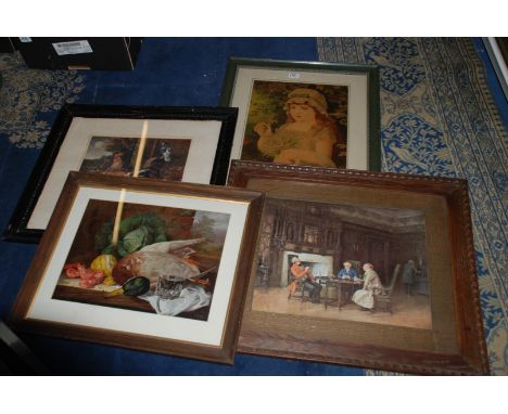 Four prints including three gentlemen playing cards at a table, a young girl picking lily of the valley, chickens and a pigeo