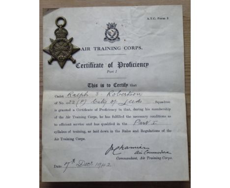 1914 - 1915 Star awarded to 1523 Pte. C.  Robertson, W York. R, with training progress report sheet, Record Office Royal Air 