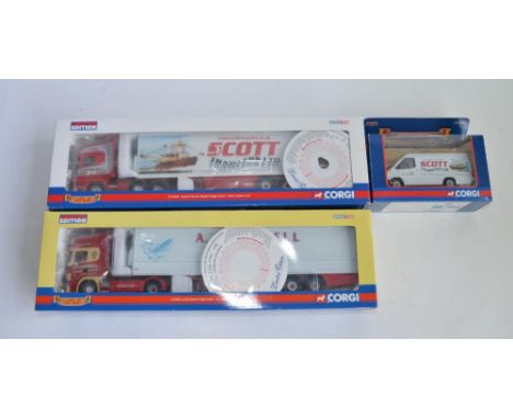 3x Scottish Corgi models:CC12920 1/50 Scania Topline Fridge Trailer, A.L.Campbell haulage, Carstairs. 1754/3000.CC13705 1/50 