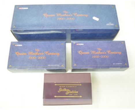 Four Corgi diecast models, three from Queen Mother's Century 1900 - 2000 including still sealed State Landau coach and horses