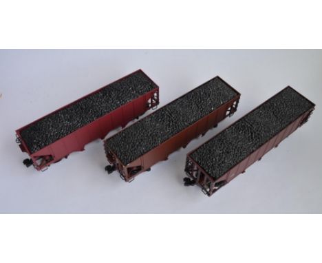 3 Boxed Bachmann G gauge 3 bay hopper cars, 2 re-painted, markings removed, new ones added etc in fair used condition, third 