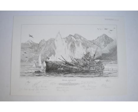 An unframed limited edition pencil sketch print by Robert Bailey, 72/200 titled "Final Assault", depicting the destruction of