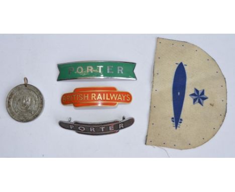 3 porters enamelled cap badges (1 missing most of its enamel), an 1825-1925 Railway Centenary Medal and a cloth Royal Navy su