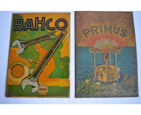 2 pressed relief metal plate advertising signs, Bahco Drop Forged Tools (W24.2xH33.7cm) and Primus camping stoves (W23.9xH34c