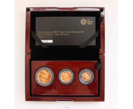 The Sovereign 2015 Three Coin Gold Proof Premium Set, Fifth Portrait First Edition.  Encapsulated with original box, maroon s