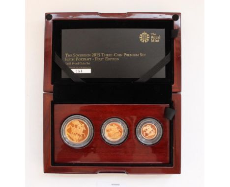 The Sovereign 2015 Three Coin Gold Proof Premium Set, Fifth Portrait First Edition.  Encapsulated with original box, maroon s