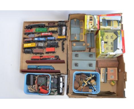 A collection of OO gauge wagons, buildings (including 3 boxed ceramic Skaledale buildings, dirty but excellent condition), sm