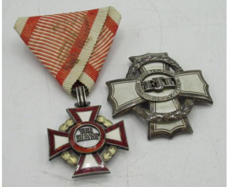 Austria Hungary enamel Merit Cross medal and similar enamel and white metal Civil Merit Cross breast badge with stamped marki