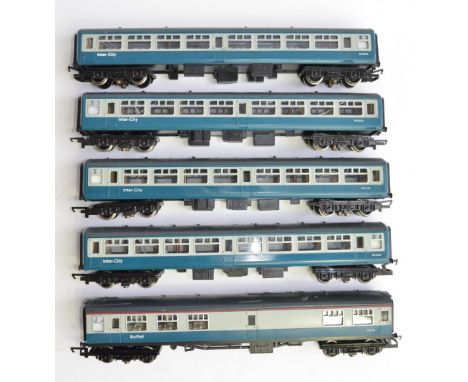 5 Hornby OO gauge passenger coaches, 4 marked 'InterCity', all with added lighting units (tested but cannot get to work). 