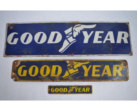 3 enamelled steel plate Goodyear advertising signs. Largest:W63.7xH18.8cm