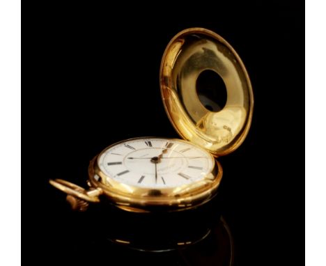 H. White Manchester late Victorian 18ct gold centre seconds chronograph pocket watch.   Signed white enamel dial set with Rom