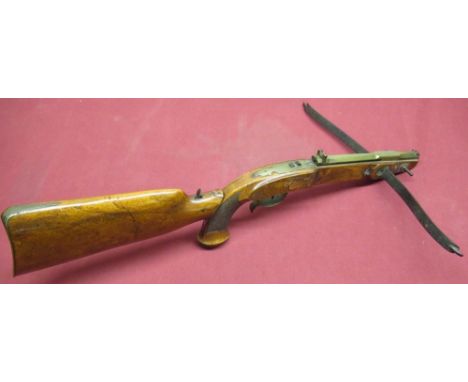 Early C19th German pistol crossbow, with 14" steel bow and brass mounts, octagonal brass "pistol" barrel engraved J. D. Hartm