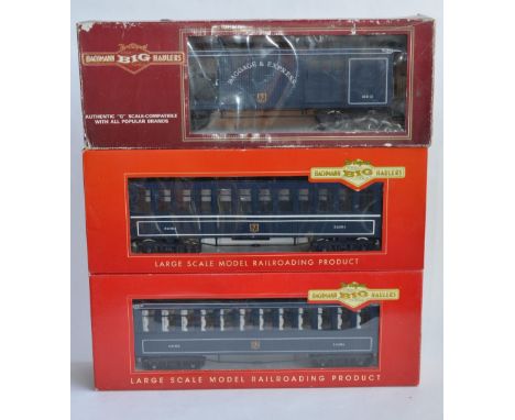 3 G-gauge railway carriages by Bachmann, 2 passenger and 1 post wagons. Both pax wagons with added lighting, 1 of them adapte