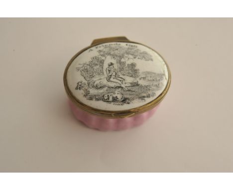 A 19th century Bilston enamel patch box the hinged lid decorated with a man and dog under a tree bearing inscription A Friend