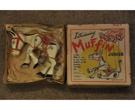 A boxed original Muffin the Mule Junior painted metal puppet by MOKO