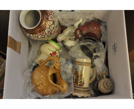 A large box containing various ceramic vases and jugs including Mason's