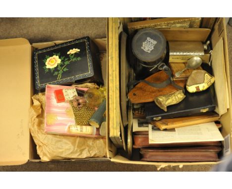 Two boxes of oddments including costume jewellery, a hip flask and vintage toiletries