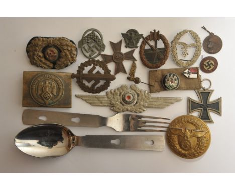 An interesting collection of German WWII Third Reich Nazi items including DSB enamel pin badge, sports badge, coastal artille