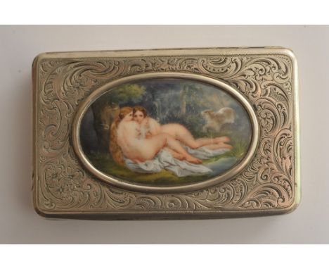 An Austro-Hungarian silver case engraved with scrolling acanthus leaf design, the hinged lid inset with enamel panel painted 