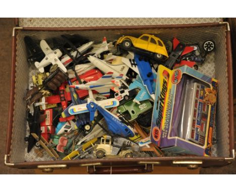 A box of mixed toy cars and planes including: Corgi, Matchbox and Dinky.