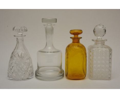 An Amber coloured glass decanter etched with Scottish thistle and three other decanters (4) 