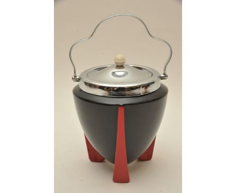 Another Art Deco Wilkinson 'Yoo Hoo' pattern biscuit barrel with black body on red tripod feet having chrome lid and handle, 