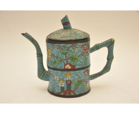 A decorative Chinese cloisonne enamel teapot of simulated bamboo form decorated with flowers and foliage