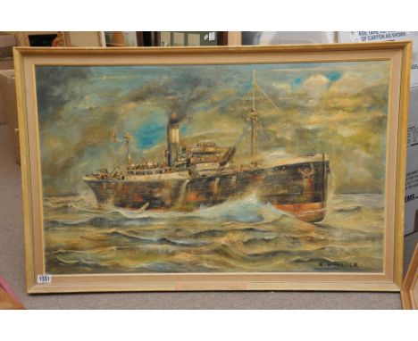 An oil painting on board depicting the vessel SS Bucegi at sea, signed by K Hancock with interesting inscription to reverse t