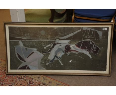 A large abstract style artist's proof by Michael Rothenstein (1908-1993), depicting figures in pursuit of running bull, signe