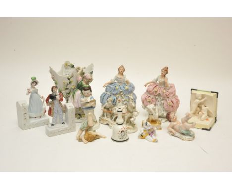 A Sitzendorf vase and collection of ceramic figures including two Dresden ladies