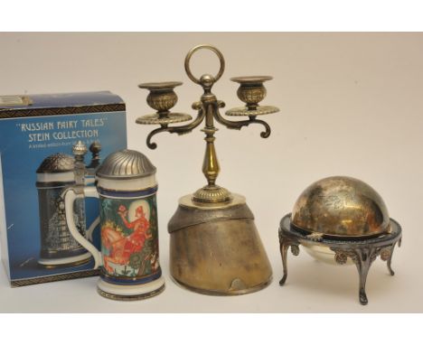 A hoof mounted with a plated candlestick, a roll top plated dish and boxed Villeroy and Boch limited edition Russian Fairytal