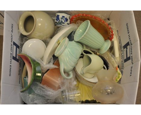 Two boxes of various ceramics and glass including a Poole pottery dish