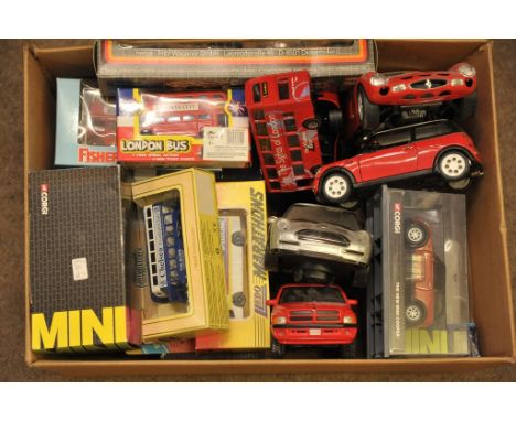 A collection of boxed and unboxed model vehicles of varying make and design including Corgi Mini Cooper, London buses, Lledo 
