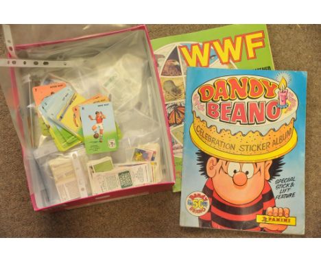 A box comprising of Brooke Bond tea cards and Panini Stickers predominantly from the 1980's and 1990's. Includes Teacards of 