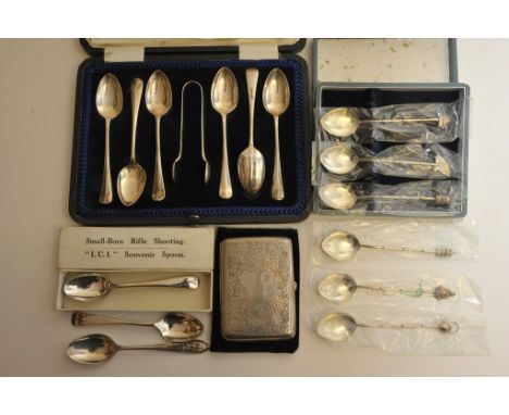 A silver cigarette case together with various silver spoons including Japanese style and some cased