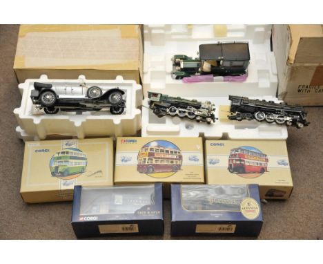 A collection of boxed model vehicles comprising three Classic Commercials of Corgi buses, a boxed Corgi Tate & Lyle lorry, a 
